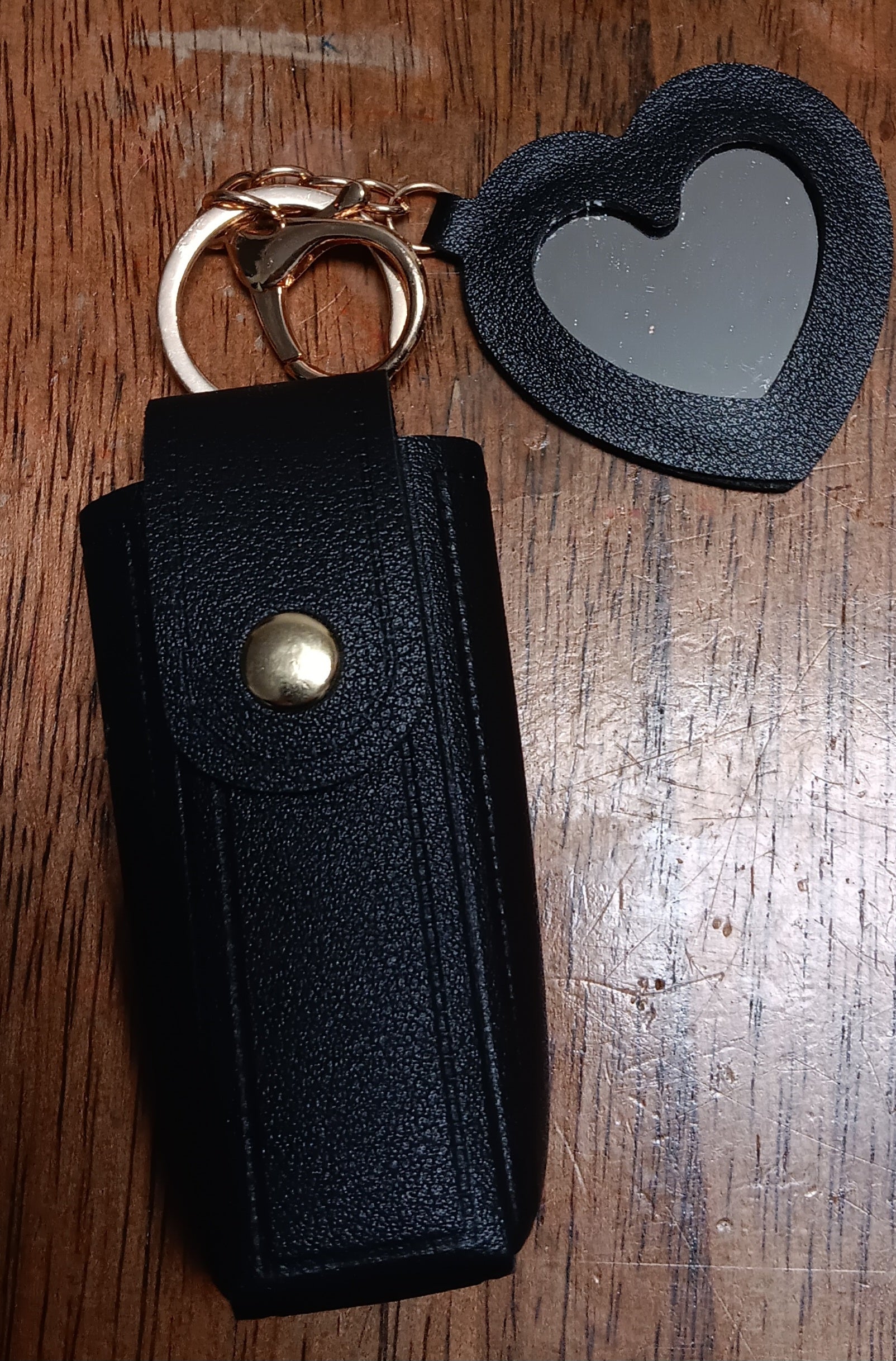 Lipstick / Chapstick Leather Keychain with Heart Mirror