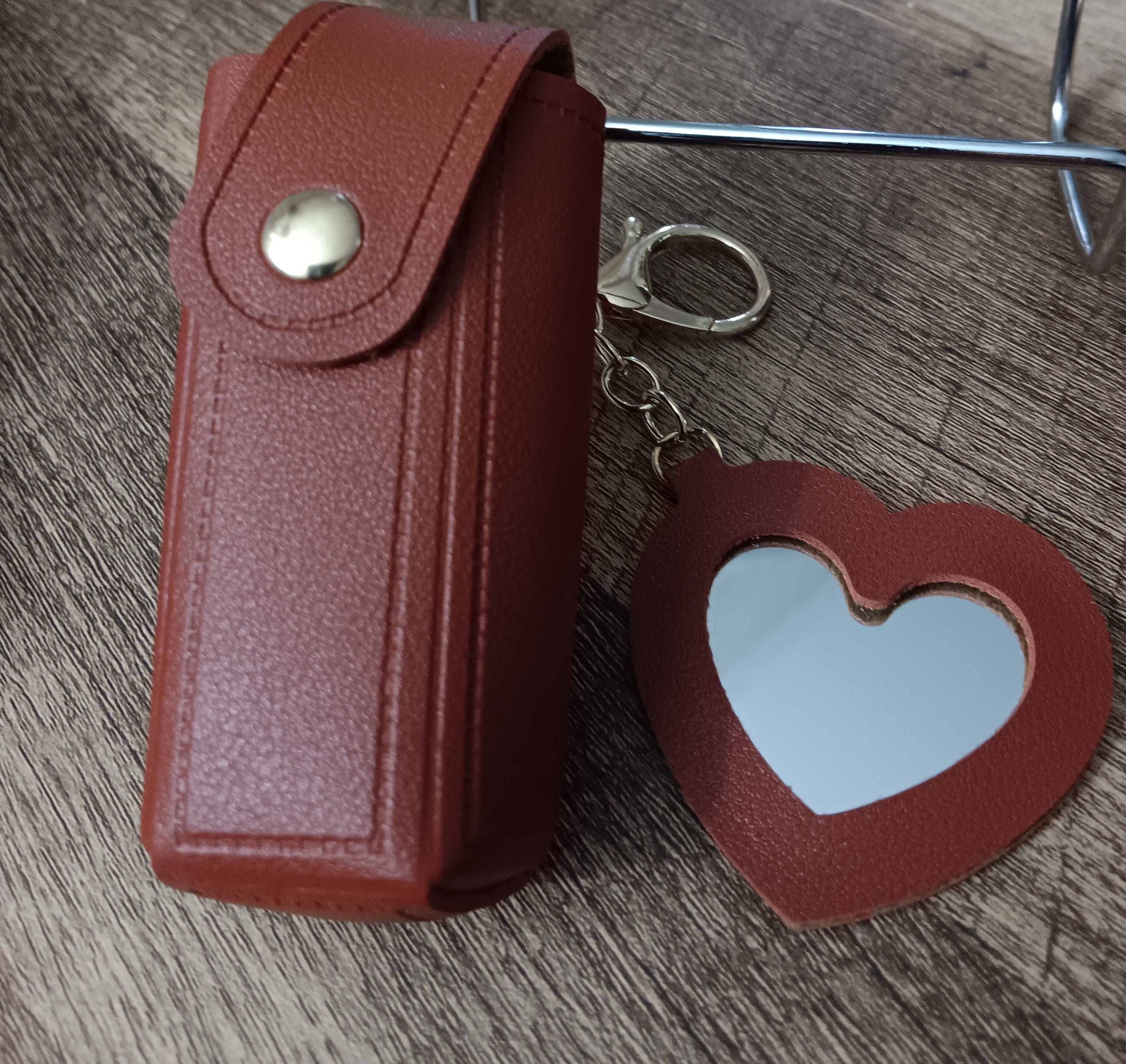 Lipstick / Chapstick Leather Keychain with Heart Mirror