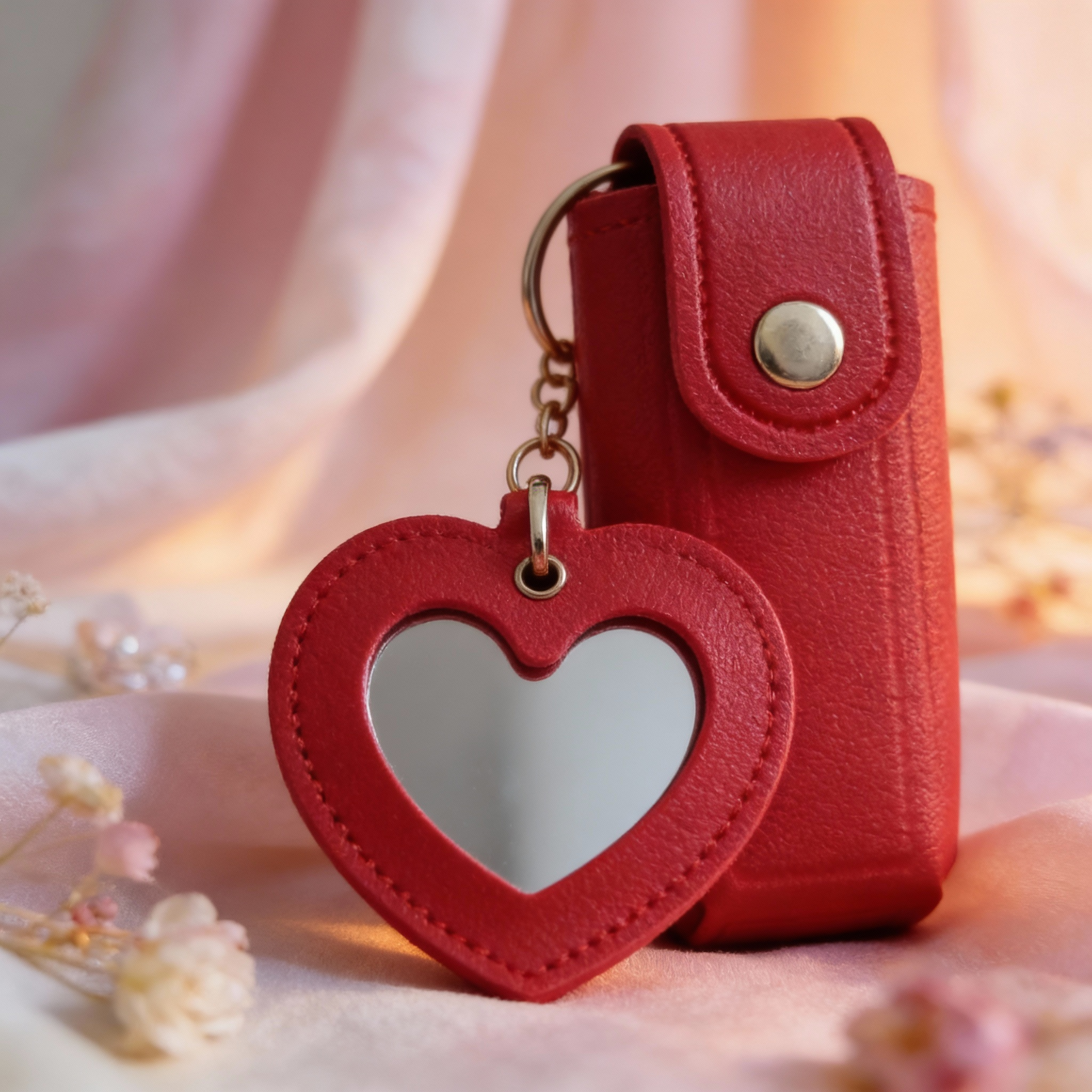 Lipstick / Chapstick Leather Keychain with Heart Mirror